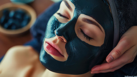 Girl applying charcoal peel off mask on face, skin care products, mask application, beauty products.の素材