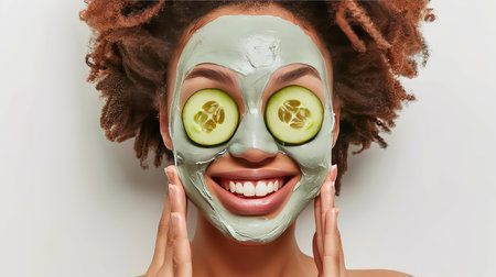 Girl applying skin beauty mask on face, skin care products, mask application, beauty products.の素材