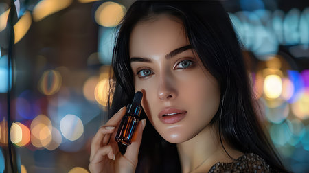 Girl holding skin care serum for advertisement, skin care products poster.の素材