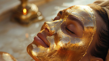 Gold face mask application, girl reclining gold face mask on skin, beauty products, skincare.の素材