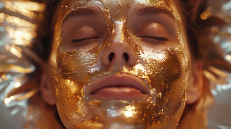 Gold face mask application, girl reclining gold face mask on skin, beauty products, skincare.の素材