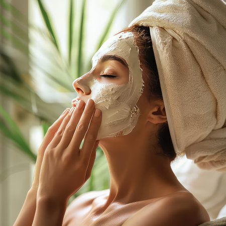 Girl applying skin beauty mask on face, skin care products, mask application, beauty products.の素材