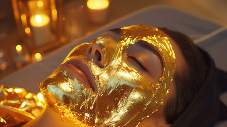 Gold face mask application, girl reclining gold face mask on skin, beauty products, skincare.の素材