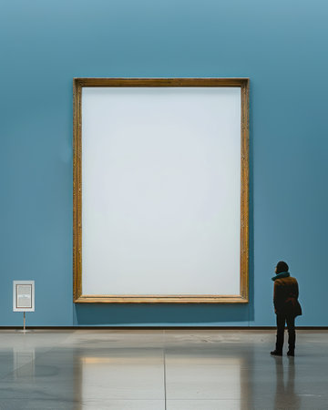 a large gold frame with white screen hangs on a wall. photo frame mockupの素材
