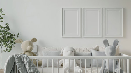 Mock up poster frame in white cozy children room interior background, 3D renderの素材