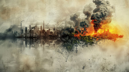 Abstract cityscape of connected particles. Digital metropolis that pulsatesの素材