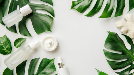 Cruelty-free beauty products made with natural ingredients and no animal testing, showcased with green leaves.の素材
