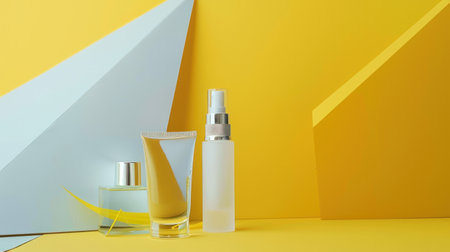 Set of premium beauty skincare bottle mockup over pastel background.の素材