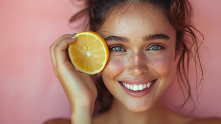 Beautiful Joyful teen model girl takes Juicy oranges slices with funny red hairstyle and professional make upの素材