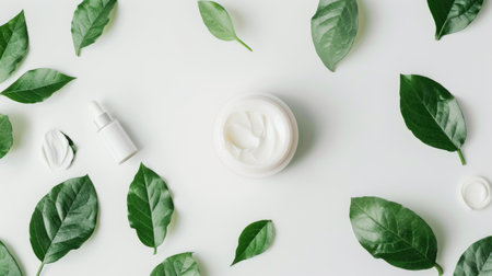 Creamy Skincare Product Adorned With Leaves On Clean White Backgroundの素材