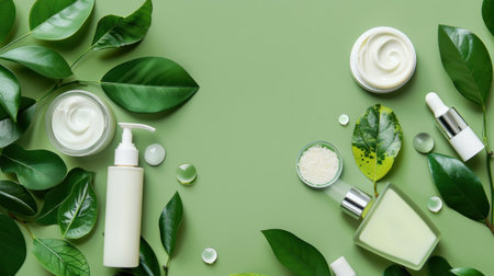 A flat lay of organic skincare products amidst a background of natural elements like leaves and stones.の素材