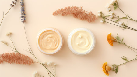 Waterless or water-free beauty, beauty products without water with active ingredients or botanical oils. Cosmetic open jar with thick butter texture cream. Sustainability, organic waterless beautyの素材