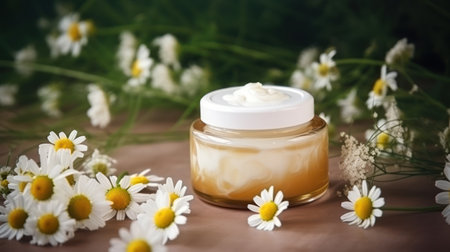 Natural Skincare Cream with Floral Essence on Wooden Backgroundの素材