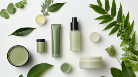 A flat lay of organic skincare products amidst a background of natural elements like leaves and stones.の素材