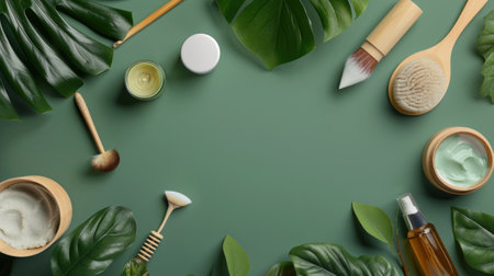 A flat lay of organic skincare products amidst a background of natural elements like leaves and stones.の素材