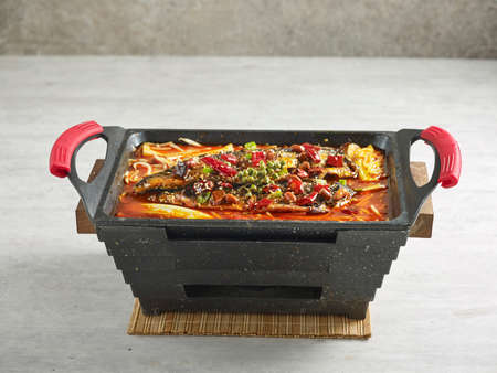 signature saba fish in a dish isolated on stew on mat side view on grey backgroundの写真素材