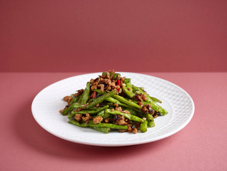 Stir-fried French Beans with Minced Pork and Preserved Olive Vegetables with chopsticks served in a dish isolated on mat side view on grey backgroundの写真素材
