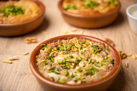 Umm sli topping with pistachio served in dish isolated on table top view of arabian foodの写真素材