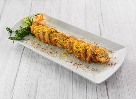 Chicken Cordon bleu served in dish isolated on grey wooden background side view of fastfood
