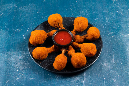 Deep fried Chicken Lolipop or Chicken drumstick with tomato sauce and mayo dip served in a dish...