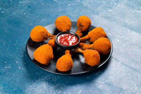 Deep fried Chicken Lolipop or Chicken drumstick with tomato sauce and mayo dip served in a dish isolated on background side viewの写真素材