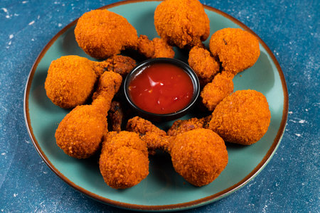 Deep fried Chicken Lolipop or Chicken drumstick with tomato sauce and mayo dip served in a dish isolated on background side viewの写真素材