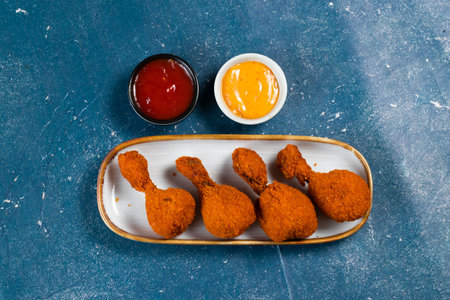 Deep fried Chicken Lolipop or Chicken drumstick with tomato sauce and mayo dip served in a dish isolated on background side viewの写真素材
