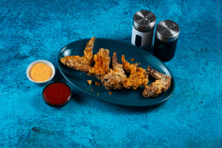 Crispy chicken wings with tomato sauce and mayo dip isolated on cutting board side view of fastfoodの写真素材