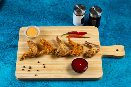 Crispy chicken wings with tomato sauce and mayo dip isolated on cutting board side view of fastfoodの写真素材