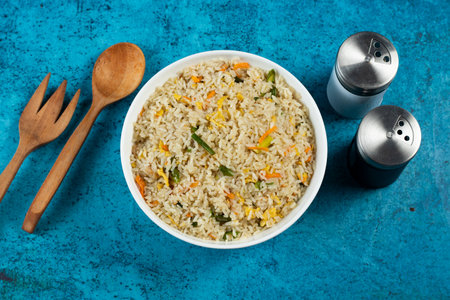 Egg Fried Rice served in a dish isolated on background side view of chinese foodの写真素材