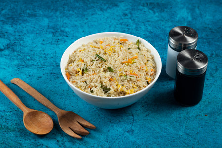 Egg Fried Rice served in a dish isolated on background side view of chinese foodの写真素材