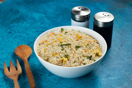 Egg Fried Rice served in a dish isolated on background side view of chinese foodの写真素材