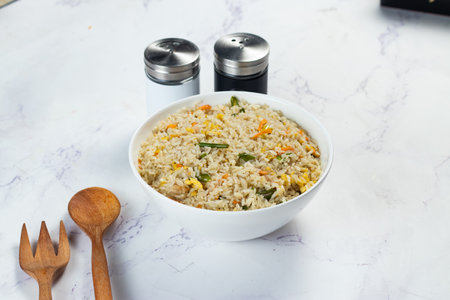 Egg Fried Rice served in a dish isolated on background side view of chinese foodの写真素材