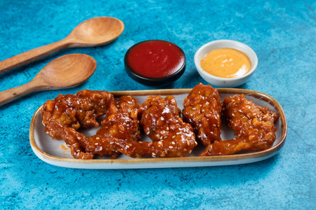 crispy chicken wings with ketchup and mayo dip served in dish isolated on background top viewの写真素材