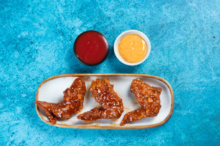 crispy chicken wings with ketchup and mayo dip served in dish isolated on background top viewの写真素材