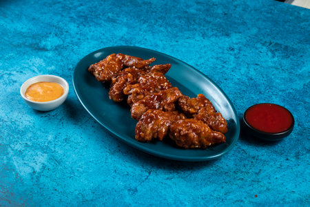 crispy chicken wings with ketchup and mayo dip served in dish isolated on background top viewの写真素材