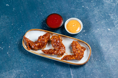 crispy chicken wings with ketchup and mayo dip served in dish isolated on background top viewの写真素材