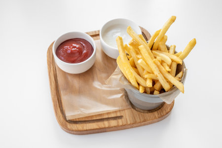 French Fries with tomato ketchup and mayo dip served in basket isolated on grey background top viewの写真素材