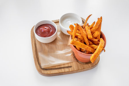 Sweet Potato Fries with mayo dip, tomato sauce served in dish isolated on grey background side viewの写真素材