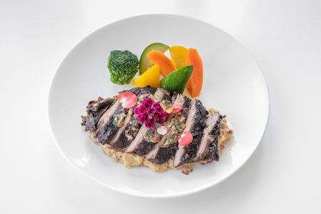 Tenderloin Steak with salad served in a dish isolated on grey background side viewの写真素材