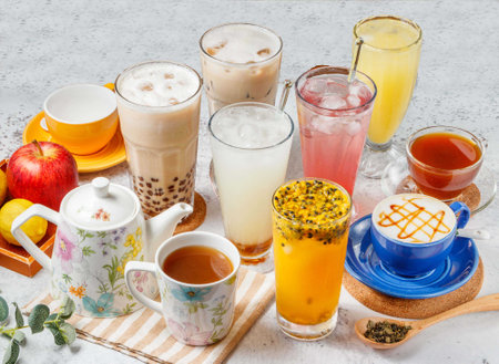 Grass Jelly Milk Tea, Passion Fruit Green Tea, Cherry Blossom Sparkling Water, Grapefruit , Apple Hi Peel, Ba. Black Coffee, Caramel Macchiato, Ginger, Bubble Tea, Kumquat Lemon, Lot of summer drinks tableの写真素材