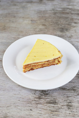Jack fruit Sansrival cake slice served in a dish isolated on background top view of dessertの写真素材