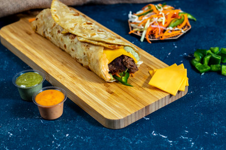 Egg Cheesy Beef Overload shawarma Wrap with salad dip and sauce isolated wooden board side view of fastfoodの写真素材