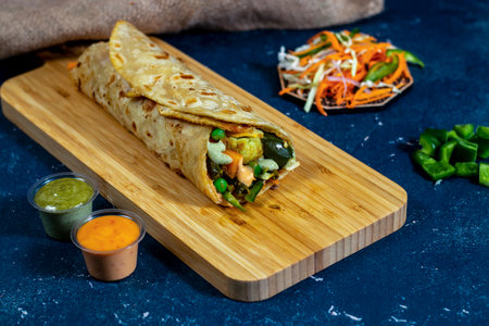 Vegetable shawarma wrap with salad dip and sauce isolated wooden board side view of fastfoodの写真素材
