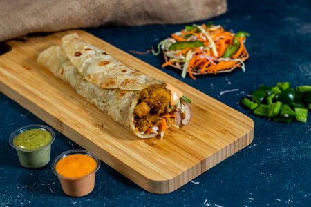 chickpea Chicken shawarma Wrap with salad dip and sauce isolated wooden board side view of fastfoodの写真素材