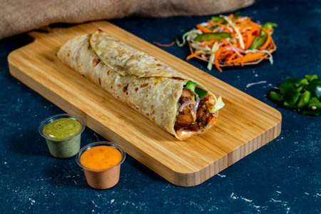 Chicken Afghani Kebab shawarma Wrap with salad dip and sauce isolated wooden board side view of fastfoodの写真素材