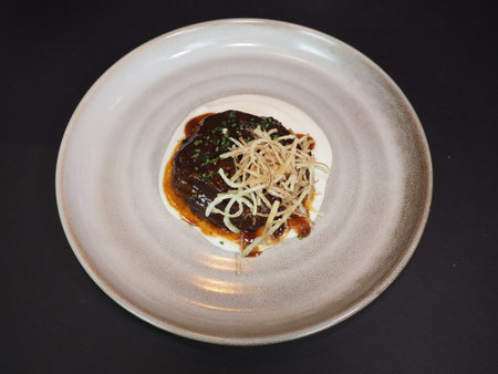 Slow-Braised Beef Cheek with Potato and Celeriac Puree served in a dish isolated on dark background top viewの写真素材