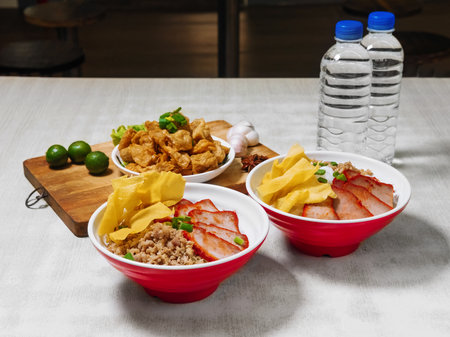 Fried Wanton and Sarawak Mee Tai Bak dry and soup with two minrel water Chinese combo foodの写真素材