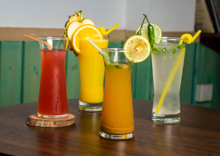 Assorted juices soda, cumin seeds water, watermelon juice shake with Spicy Lemonade, raw watermelon,...