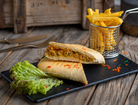 chicken mushroom panini with fries isolated on cutting board side view of fastfood on wooden backgroundの写真素材